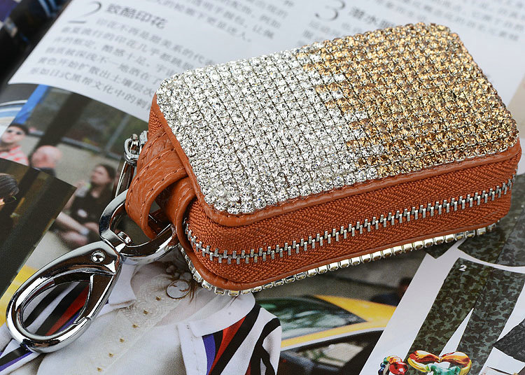 Luxury Crystal Auto Key Bag Genuine Leather Car Key Case Pocket Key Chain - Champagne