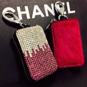 Luxury Crystal Auto Key Bag Genuine Leather Car Key Case Pocket Key Chain - Rose