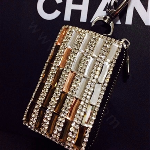 Luxury Crystal Auto Key Bag Leopard Genuine Leather Car Key Case Pocket Key Chain - Brown