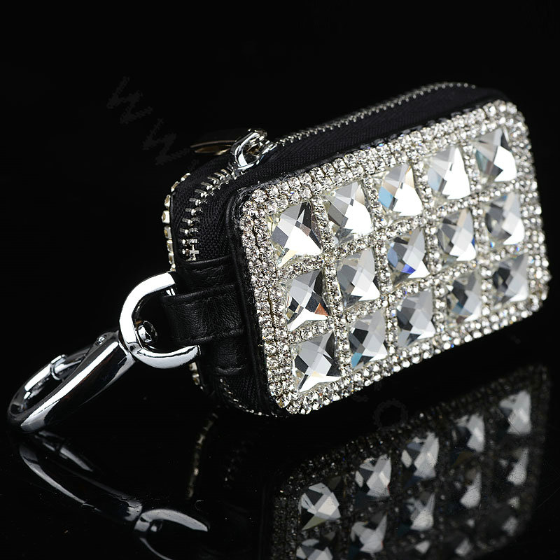 Luxury Crystal Auto Key Bag Pocket Genuine Leather Car Key Case Key Chain - Black A