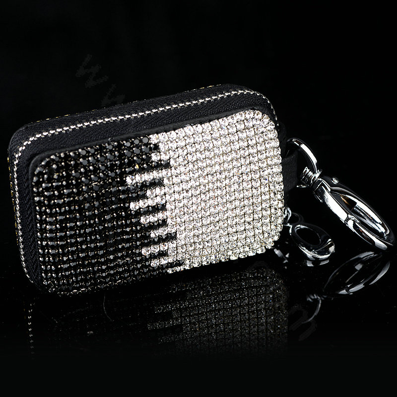Luxury Crystal Auto Key Bag Pocket Genuine Leather Car Key Case Key Chain - Black