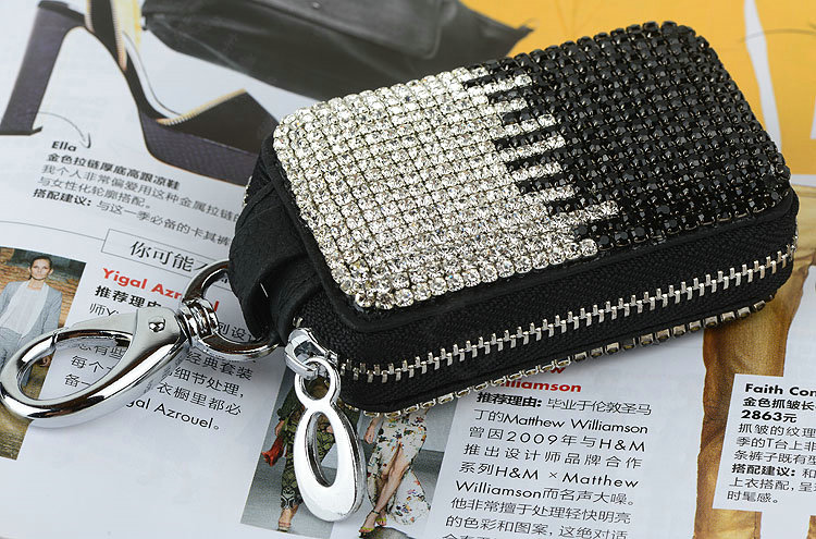 Luxury Crystal Auto Key Bag Pocket Genuine Leather Car Key Case Key Chain - Black