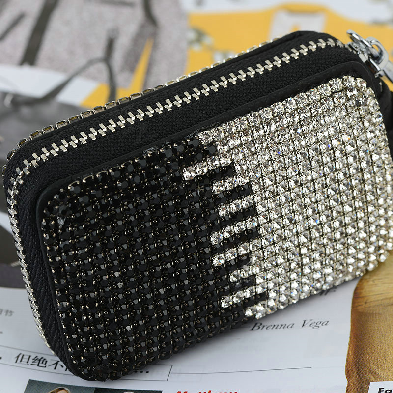 Luxury Crystal Auto Key Bag Pocket Genuine Leather Car Key Case Key Chain - Black