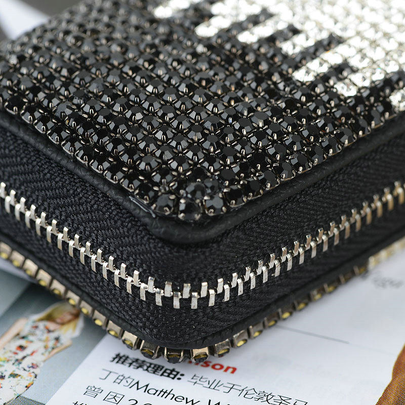 Luxury Crystal Auto Key Bag Pocket Genuine Leather Car Key Case Key Chain - Black