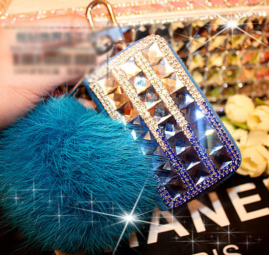 Luxury Crystal Auto Key Bag Pocket Genuine Leather Car Key Case fur ball Key Chain - Blue