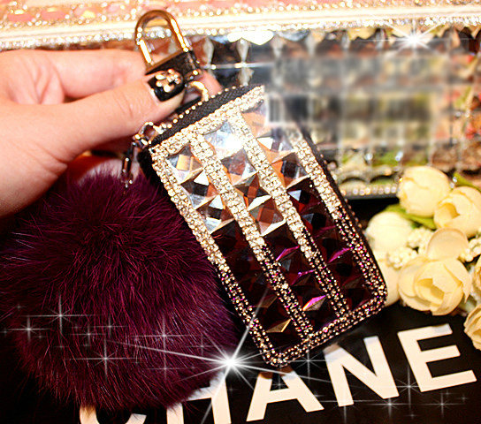 Luxury Crystal Auto Key Bag Pocket Genuine Leather Car Key Case fur ball Key Chain - Purple
