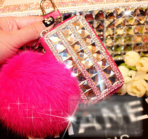 Luxury Crystal Auto Key Bag Pocket Genuine Leather Car Key Case fur ball Key Chain - Rose