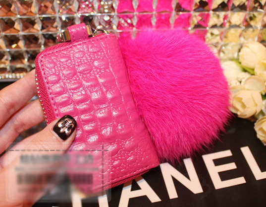 Luxury Crystal Auto Key Bag Pocket Genuine Leather Car Key Case fur ball Key Chain - Rose