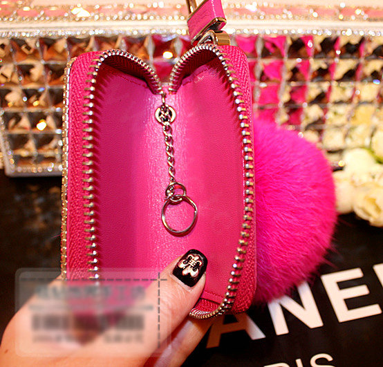 Luxury Crystal Auto Key Bag Pocket Genuine Leather Car Key Case fur ball Key Chain - Rose