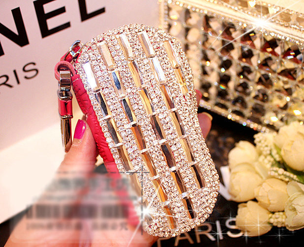 Luxury Crystal Auto Key Bag Pocket camber Genuine Leather Car Key Case Key Chain - Rose