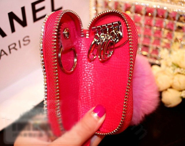 Luxury Crystal Auto Key Bag Pocket camber Genuine Leather Car Key Case Key Chain - Rose