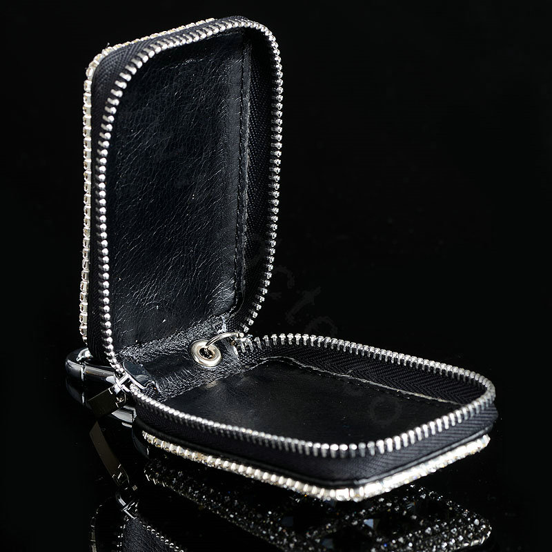 Luxury hollow Crystal Auto Key Bag Pocket Genuine Leather Car Key Case Key Chain - Black