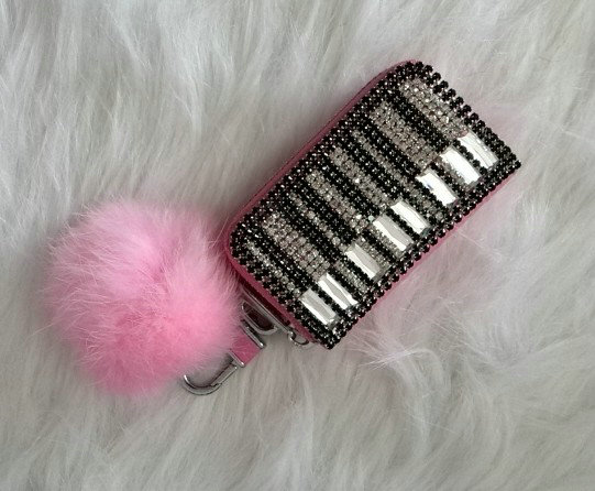 Piano Crystal Auto Key Bag Pocket Genuine Leather Car Key Case fur ball Key Chain - Pink