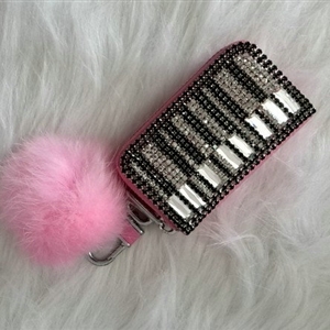Piano Crystal Auto Key Bag Pocket Genuine Leather Car Key Case fur ball Key Chain - Pink