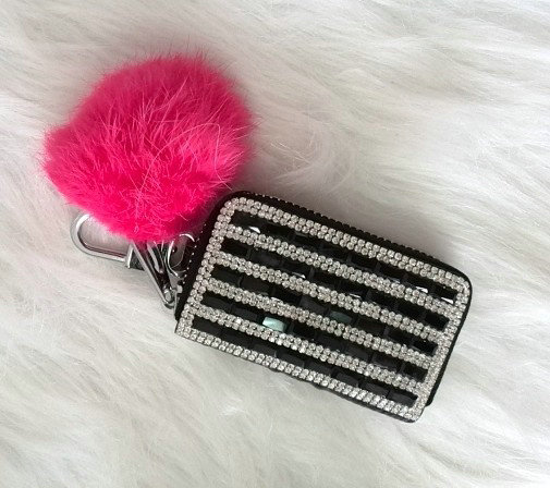 Stripe Crystal Auto Key Bag Pocket Genuine Leather Car Key Case fur ball Key Chain - Black