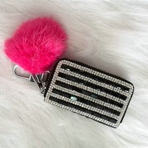 Stripe Crystal Auto Key Bag Pocket Genuine Leather Car Key Case fur ball Key Chain - Black