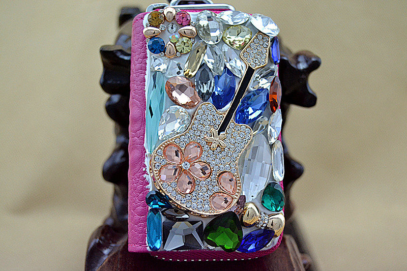 Violin Crystal Auto Key Bag Pocket Genuine Leather Car Key Case Key Chain - Rose