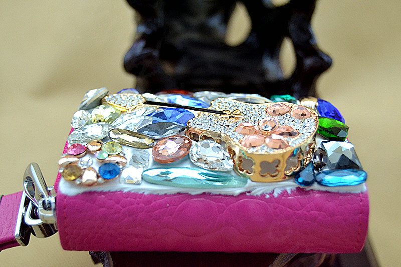 Violin Crystal Auto Key Bag Pocket Genuine Leather Car Key Case Key Chain - Rose