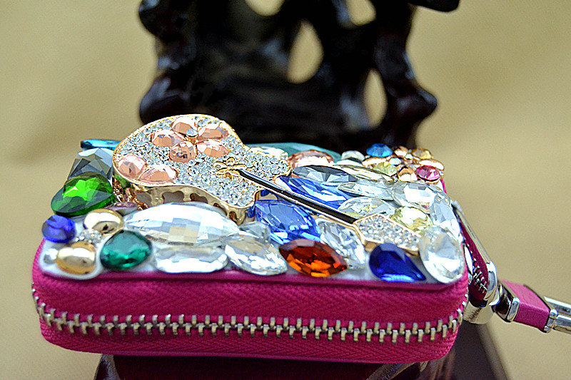 Violin Crystal Auto Key Bag Pocket Genuine Leather Car Key Case Key Chain - Rose