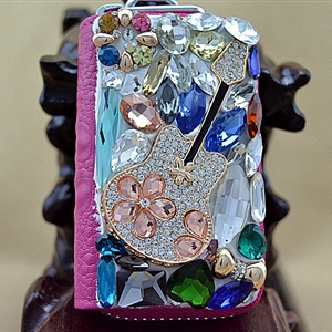 Violin Crystal Auto Key Bag Pocket Genuine Leather Car Key Case Key Chain - Rose