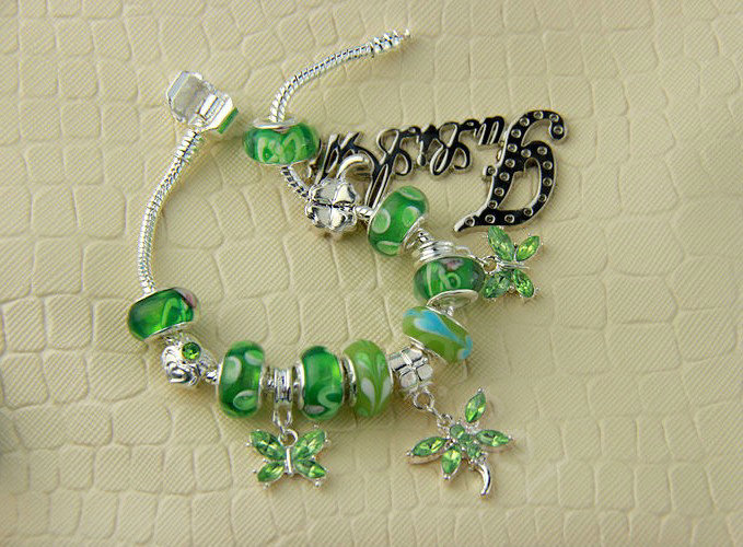 925 Silver Charm Bracelets for Women Butterfly Green Crystal Murano Glass Beads Jewelry