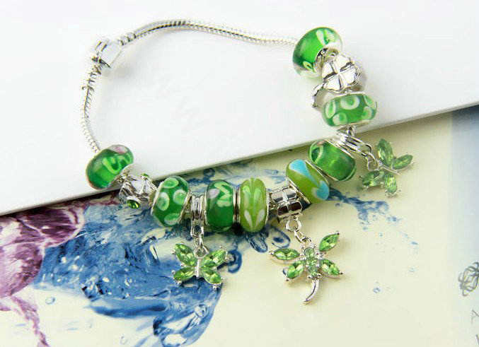 925 Silver Charm Bracelets for Women Butterfly Green Crystal Murano Glass Beads Jewelry