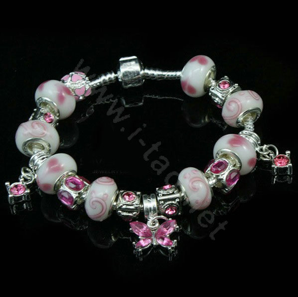 925 Silver Charm Bracelets for Women Butterfly Pink Crystal Murano Glass Beads Jewelry