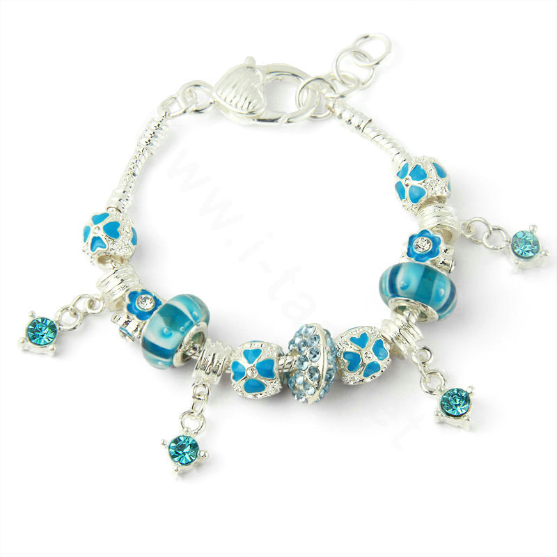 925 Silver Charm Bracelets for Women Flower Blue Crystal Murano Glass Beads Jewelry