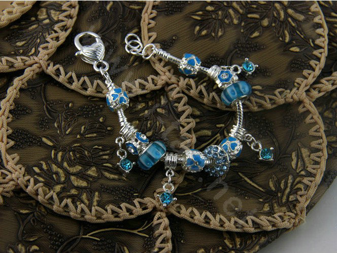 925 Silver Charm Bracelets for Women Flower Blue Crystal Murano Glass Beads Jewelry