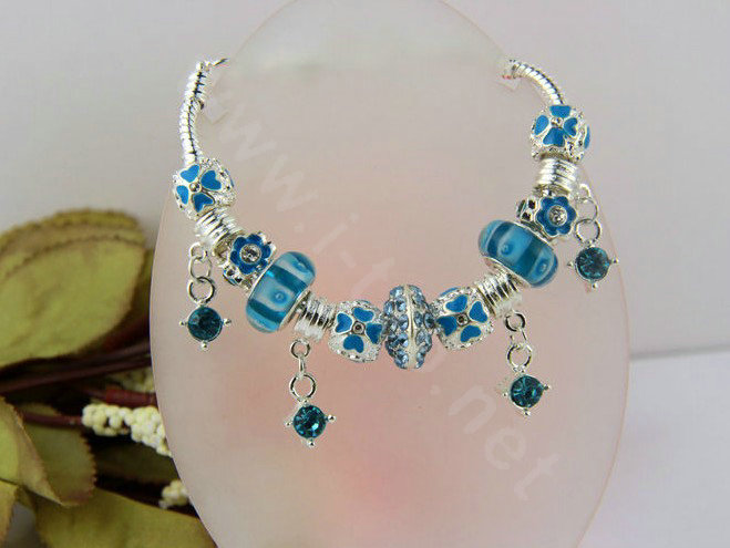 925 Silver Charm Bracelets for Women Flower Blue Crystal Murano Glass Beads Jewelry