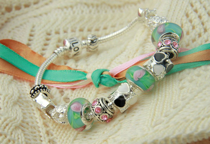 925 Silver Charm Bracelets for Women Flower Green Crystal Murano Glass Beads Jewelry