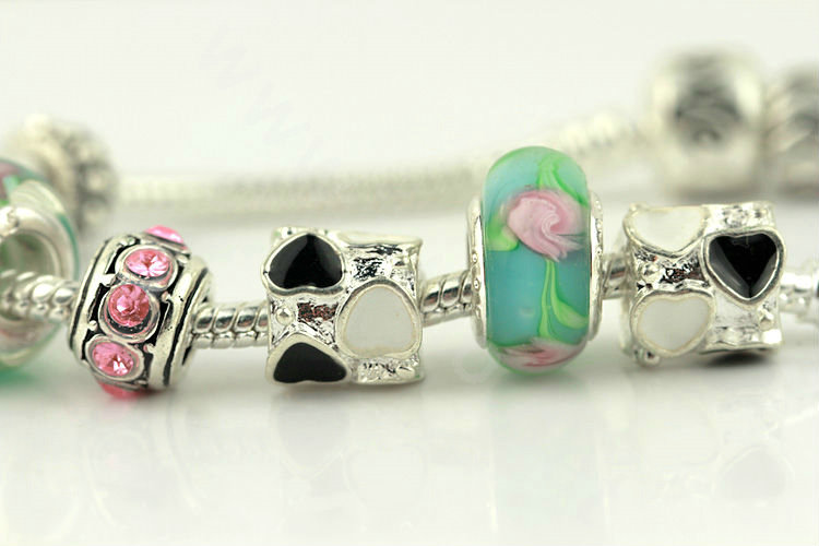 925 Silver Charm Bracelets for Women Flower Green Crystal Murano Glass Beads Jewelry