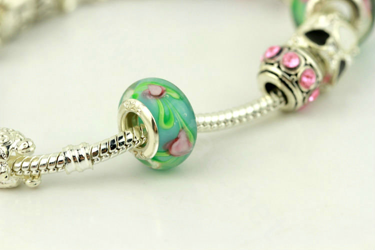 925 Silver Charm Bracelets for Women Flower Green Crystal Murano Glass Beads Jewelry