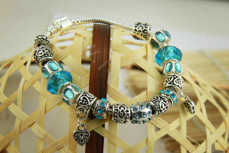 925 Silver Charm Bracelets for Women Heart Blue Crystal Murano Glass Beads Jewelry