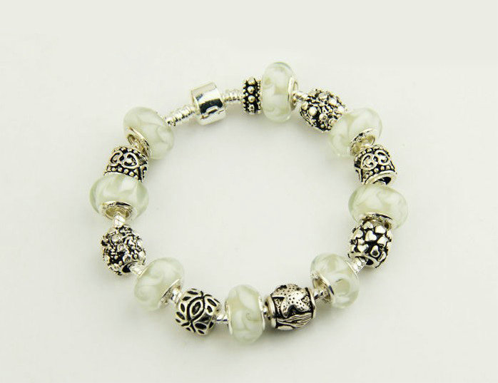 925 Silver Charm Bracelets for Women White Crystal Murano Glass Beads Jewelry