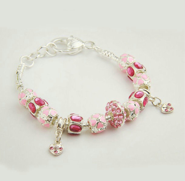 925 Silver Charm Pan Bracelets for Women Pink Crystal Murano Glass Beads Jewelry