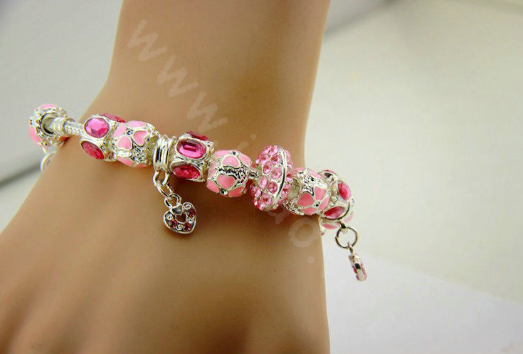 925 Silver Charm Pan Bracelets for Women Pink Crystal Murano Glass Beads Jewelry