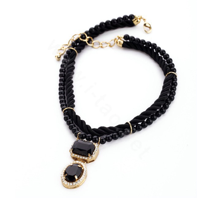 Crystal Gemstone Black Pearl charm Pendant Woven rope Choker Statement Necklace Women Jewelry