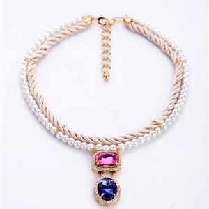 Crystal Gemstone White Pearl charm Pendant Woven rope Choker Statement Necklace Women Jewelry