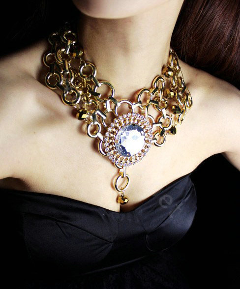 Exaggeration Women Choker Multilayer Retro Crystal Alloy Chain-type Bib Necklace Jewelry