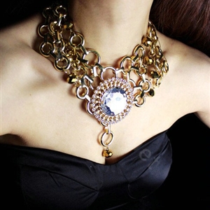 Exaggeration Women Choker Multilayer Retro Crystal Alloy Chain-type Bib Necklace Jewelry