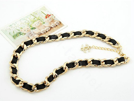 Fashion Weave Leather Rope Gold Plated Choker Bib Statement Necklace Women Jewelry