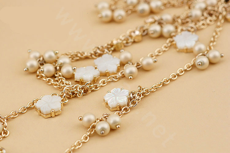 Fashion Women Luxury Choker Crystal Pearl Flower long Necklace Jewelry gold plated - White