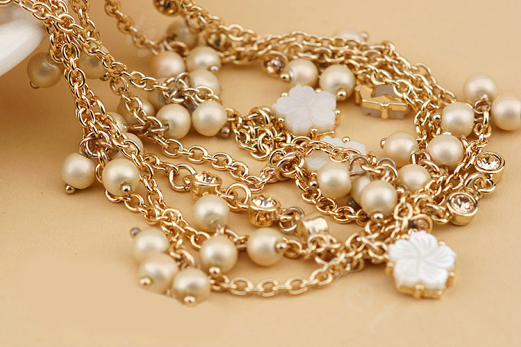 Fashion Women Luxury Choker Crystal Pearl Flower long Necklace Jewelry gold plated - White