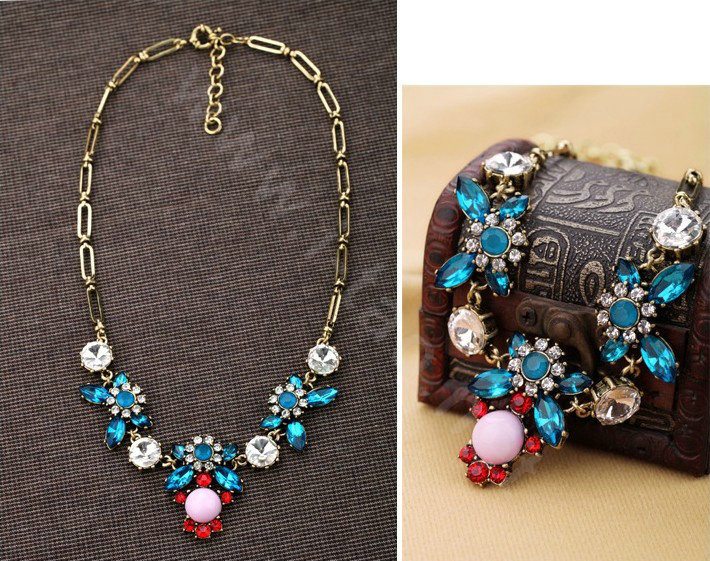 Luxury Blue Crystal Alloy Gemstone Flower Pendant Choker Bib Statement Necklace Women Jewelry