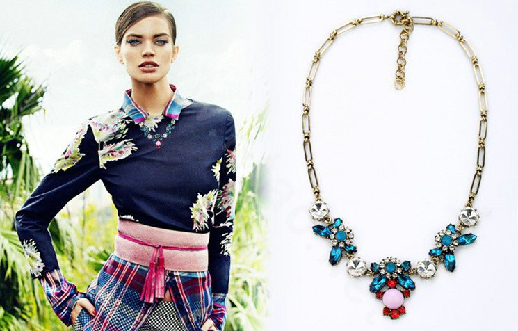 Luxury Blue Crystal Alloy Gemstone Flower Pendant Choker Bib Statement Necklace Women Jewelry