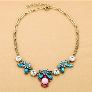 Luxury Blue Crystal Alloy Gemstone Flower Pendant Choker Bib Statement Necklace Women Jewelry