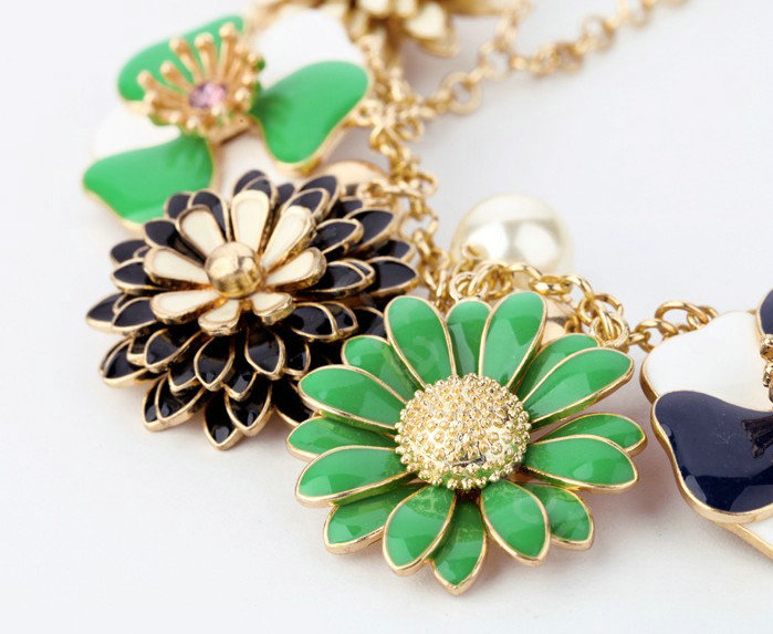 Luxury Crystal Alloy enamel Flower Pendant Choker Bib Statement Necklace Women Jewelry - Green