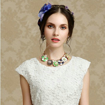 Luxury Crystal Alloy enamel Flower Pendant Choker Bib Statement Necklace Women Jewelry - Green