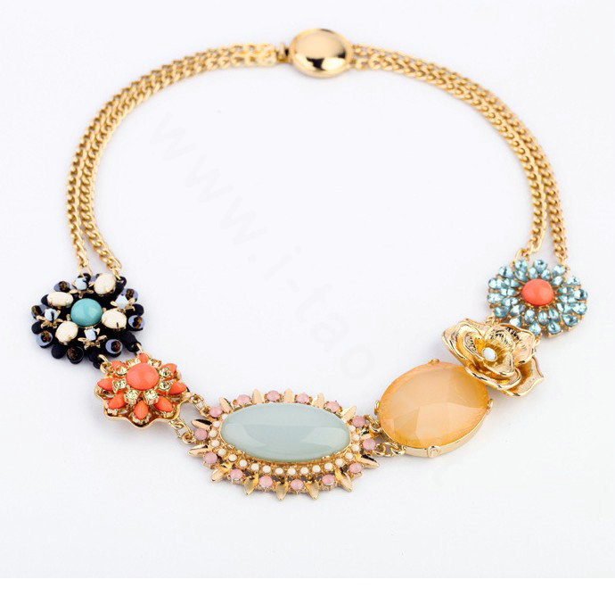 Luxury Crystal Blue Gemstone Alloy Flower Pendant Choker Bib Statement Necklace Women Jewelry